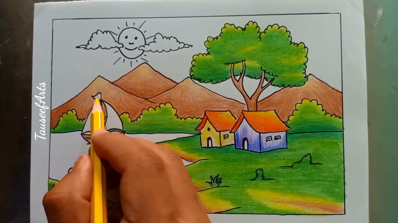 Color pencil drawing / Nature scenery for beginners / Landscape painting  with Pencil color / Village - YouTube